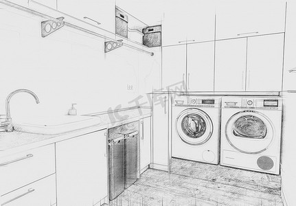 手绘京东狗摄影照片_现代住宅洗衣房配有洗衣机，手绘风格铅笔素描