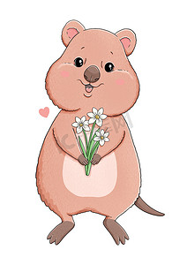 可爱手绘花朵摄影照片_可爱的小短尾矮袋鼠，开着漂亮的白色花朵