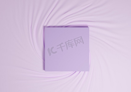 淡彩摄影照片_淡淡的、柔和的、淡紫色的紫色 3D 渲染最小的产品讲台顶视图平躺纺织品简单背景与方形支架从上面