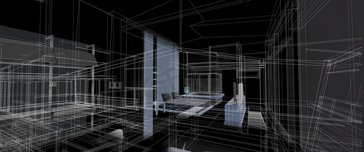 建筑室内家具设计理念3d 透视线框渲染黑色背景计算机智能技术