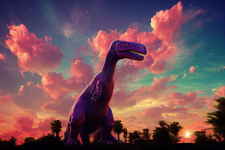 小恐龙背景摄影照片_彩色天空背景中的巨型恐龙。,2d