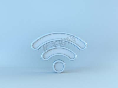 蓝色 Wi-Fi 无线互联网网络符号 3D 渲染插图在蓝色背景下隔离