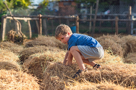 男孩蓝色 T 恤微笑着爬上干草堆的干草堆，晴朗的天空阳光明媚的日子。