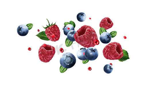 覆盆子和蓝莓都带着汁液飞舞。