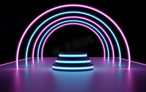 3d 插图，抽象宇宙霓虹灯背景上发光的讲台，平台上发光的激光弧