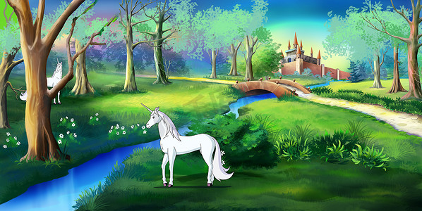 童话城堡附近魔法森林中的白色独角兽