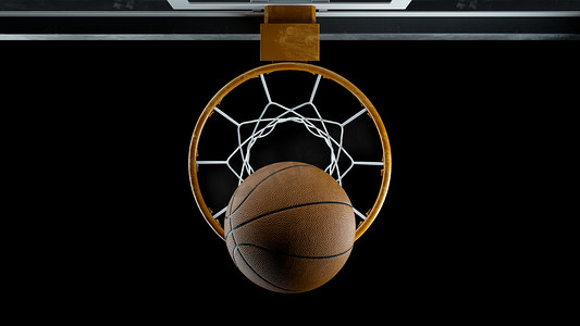 3d 渲染篮球在黑色背景上击中篮筐