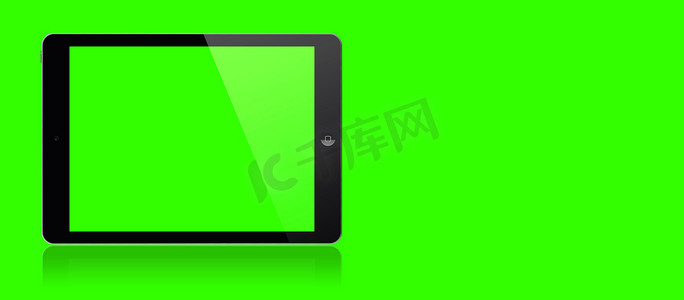 平板电脑3d摄影照片_3d 渲染白色平板电脑或智能手机的样机图像，绿色背景上有空白的绿色屏幕。