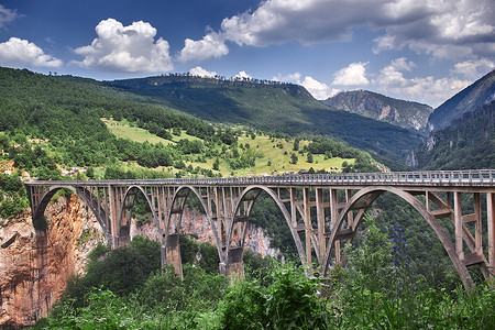 保护环境易拉宝摄影照片_杜德维察的古老大桥和塔拉河峡谷的美景 - 是黑山杜米托尔国家公园欧洲最大的峡谷。