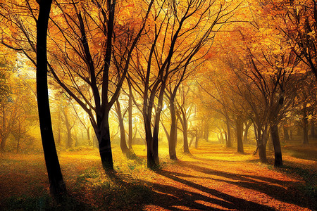 秋天的树木在公园小巷森林里，阳光明媚。