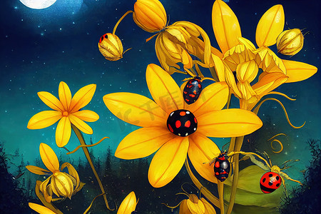 黄花和瓢虫在魔法童话梦幻森林中的幻想魔法花园