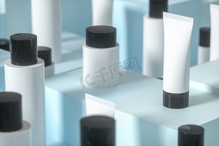 包装广告设计摄影照片_空白化妆品瓶有立方体背景，3D 渲染。