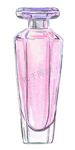 手绘水瓶摄影照片_水彩手绘粉红色玻璃香水瓶隔离在白色背景上，用于标志设计、品牌推广、时装业、香水