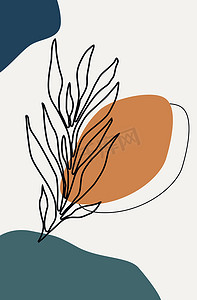 彩色背景下抽象植物叶手绘连续线草图