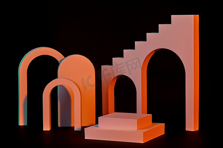 带两步珊瑚方形平台、拱门、黑色楼梯的产品展示台