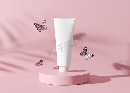 白色和空白的无品牌化妆品奶油管，带有植物阴影和蝴蝶。