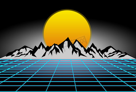 海报科幻摄影照片_80 年代风格的科幻小说，黑色背景，白色山脉后面有黄色日落。