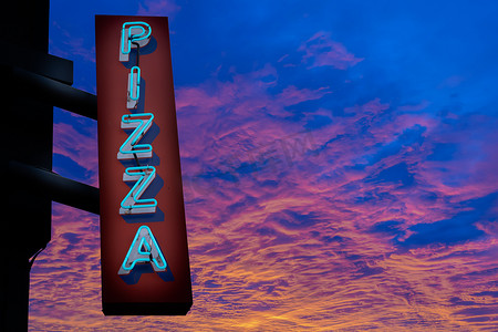日落时的复古霓虹比萨饼标志