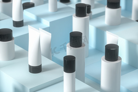 空白化妆品瓶有立方体背景，3D 渲染。