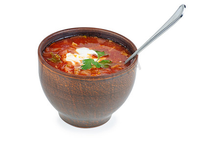 罗宋汤摄影照片_粘土碗与传统乌克兰罗宋汤（甜菜根汤）隔离在白色背景。