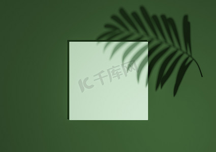 深色、暖绿色、3D 渲染最小、简单的顶视图平躺产品展示背景，带有一个讲台架和自然产品的棕榈叶阴影