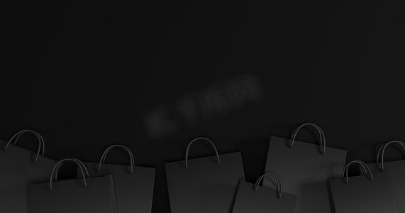 黑色星期五销售横幅概念设计黑色背景购物袋与复制空间 3D 渲染