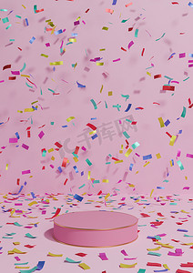 淡淡的、柔和的、淡紫色的粉红色 3D 渲染产品展示台架周年纪念产品，在讲台周围用五彩纸屑庆祝，金色线条用于奢侈品简单、最小的背景