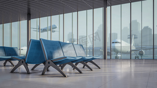 机场候机区乘客座位的 3D 渲染图