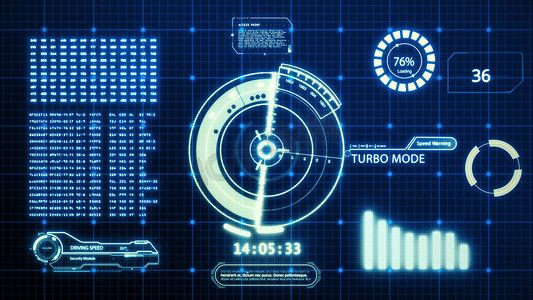HUD 驾驶汽车速度用户界面计算机屏幕显示与像素背景。