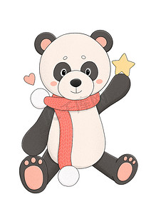 手绘红领巾摄影照片_戴红领巾的可爱熊猫配黄星