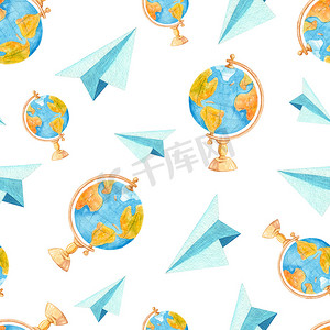 蓝色地球图案摄影照片_水彩纸飞机和学校地球仪白色背景上的无缝图案。