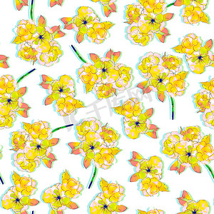 黄色花朵水彩图案在纺织品设计的白色背景上的抽象风格。