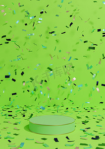 庆祝霓虹灯摄影照片_明亮的霓虹绿色 3D 渲染产品展示台架周年纪念产品，在讲台周围用五彩纸屑庆祝，金色线条用于奢侈品简单、最小的背景