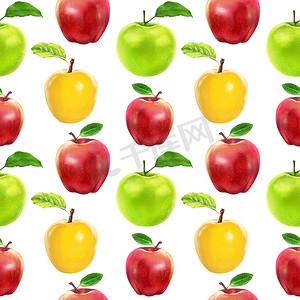 白色孤立背景下不同颜色的插图现实主义无缝图案水果苹果
