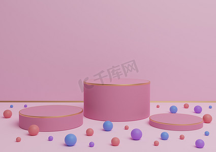 浅色、柔和、淡紫色粉红色 3D 渲染三个讲台的产品展示，带有金色线条和彩色大理石，用于产品展示或背景奢侈品或有趣的糖果