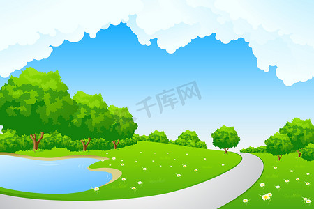 绿色矢量摄影照片_风景-有树湖和cloudscape的绿色山丘
