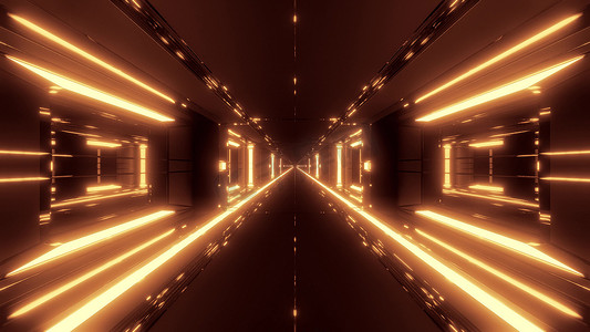 未来科幻空间机库隧道走廊与热金属3D插画壁纸背景设计