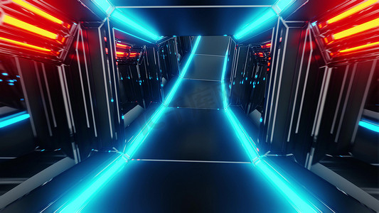 未来派科幻隧道走廊 3D 插图与发光灯和玻璃窗背景壁纸