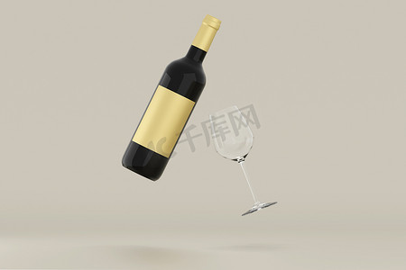空白背景上带有白色标签的红酒瓶模型。 