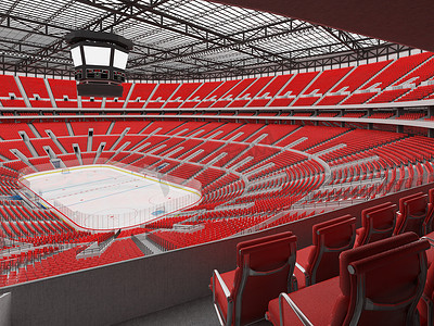 美丽的冰球运动场，配有红色座椅和 VIP 包厢，可容纳 50 万名球迷