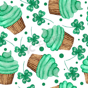 无缝水彩手绘图案与绿色纸杯蛋糕为圣帕特里克节庆祝传统。