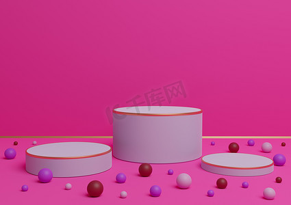 明亮的洋红色、霓虹粉色 3D 渲染三个讲台的产品展示，带有金色线条和彩色大理石，用于产品展示或背景奢侈品或有趣的糖果