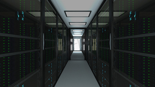 云数据机房摄影照片_现代服务器机房内部在数据中心、网络和互联网电信技术、大数据存储和云服务概念、3D 渲染