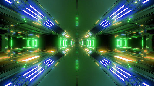 年货插画摄影照片_未来高反光科幻太空隧道走廊3D插画壁纸背景发光灯