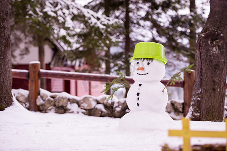 戴着绿色帽子的微笑雪人