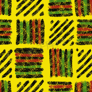 编织面料摄影照片_手绘无缝图案与非洲几何装饰设计印花，Juneteenth 自由 1865 面料，黄绿色红色黑色抽象形状肯特布，民族背景。