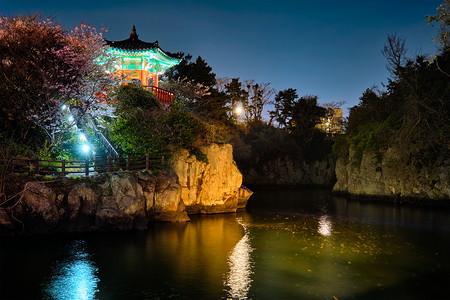 龙渊池与龙渊亭在夜间照亮，韩国济州岛