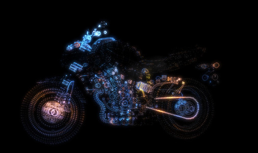 摩托车背景摄影照片_由辉光点和线条组成的抽象摩托车。 