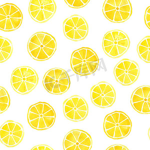 手绘水彩无缝图案黄色柠檬和橄榄绿酸橙柑橘片。