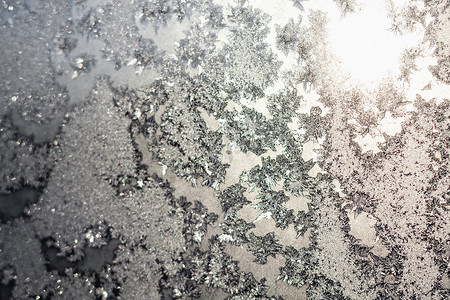 结冰的窗户上的雪花和冰